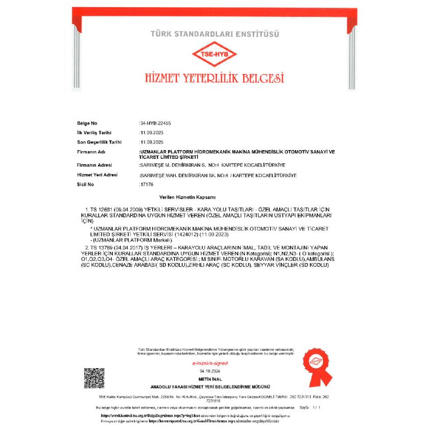 TSE Hizmet Yeterlilik Belgesi